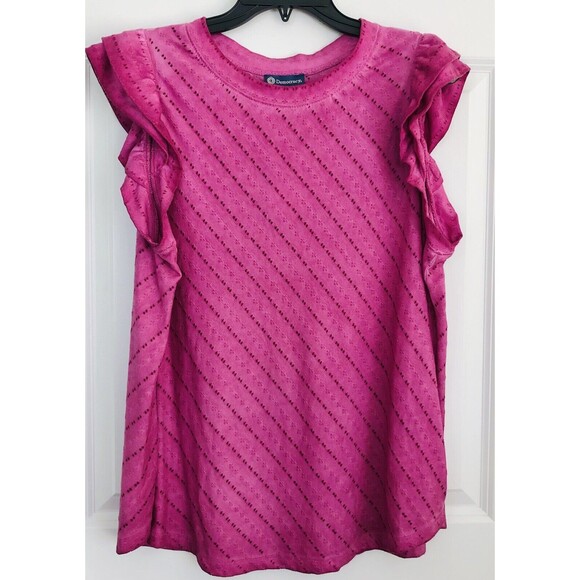 DEMOCRAY WOMEN'S TOP PULLOVER CREW NECK DOBLE RUFLE CAP SLEEVE PURPLE PERFORATED - Picture 2 of 6